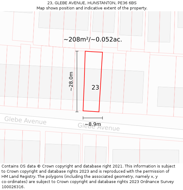 23, GLEBE AVENUE, HUNSTANTON, PE36 6BS: Plot and title map