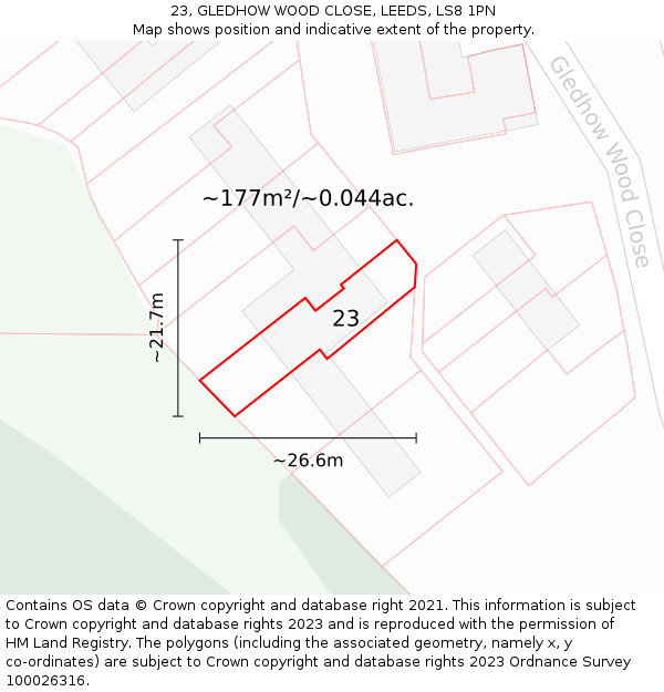 23, GLEDHOW WOOD CLOSE, LEEDS, LS8 1PN: Plot and title map