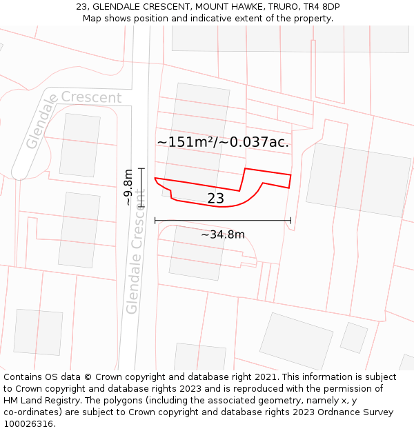 23, GLENDALE CRESCENT, MOUNT HAWKE, TRURO, TR4 8DP: Plot and title map