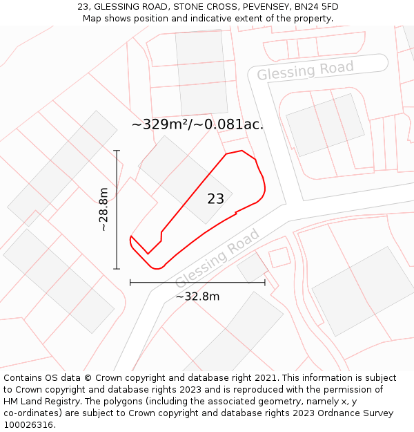 23, GLESSING ROAD, STONE CROSS, PEVENSEY, BN24 5FD: Plot and title map