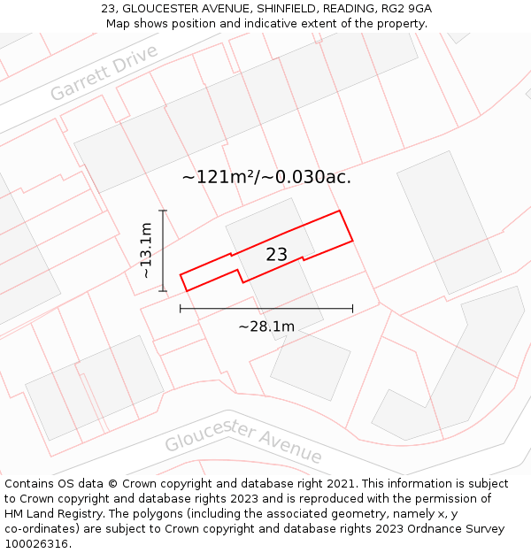 23, GLOUCESTER AVENUE, SHINFIELD, READING, RG2 9GA: Plot and title map