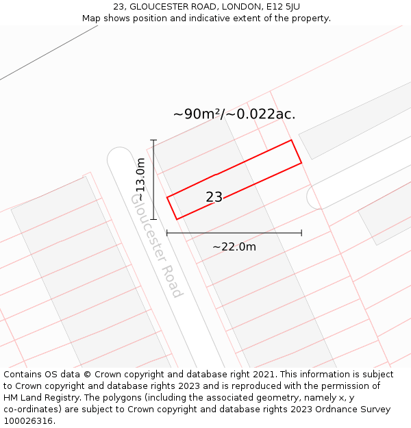 23, GLOUCESTER ROAD, LONDON, E12 5JU: Plot and title map