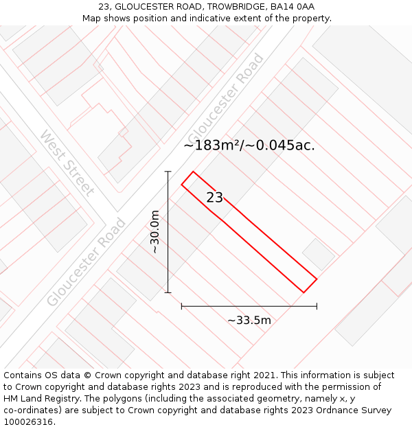 23, GLOUCESTER ROAD, TROWBRIDGE, BA14 0AA: Plot and title map