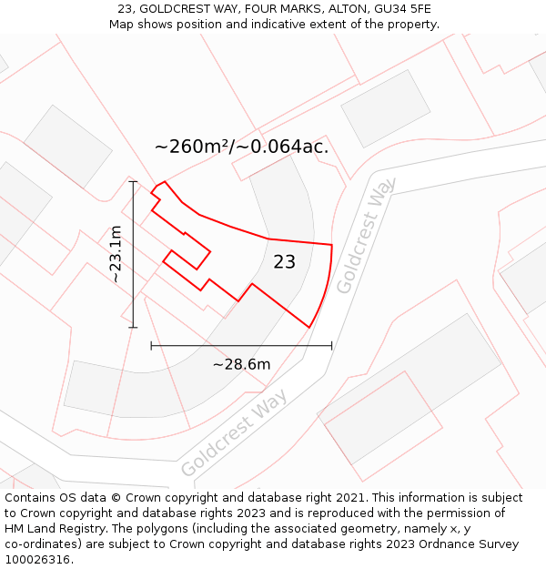 23, GOLDCREST WAY, FOUR MARKS, ALTON, GU34 5FE: Plot and title map