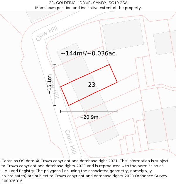 23, GOLDFINCH DRIVE, SANDY, SG19 2SA: Plot and title map