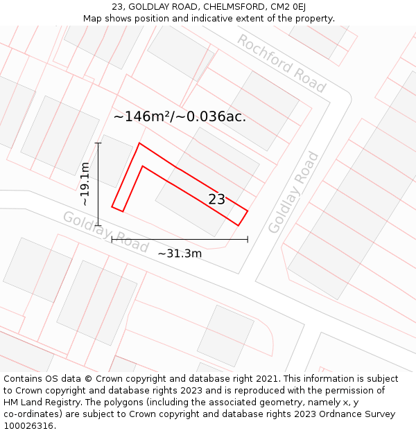 23, GOLDLAY ROAD, CHELMSFORD, CM2 0EJ: Plot and title map