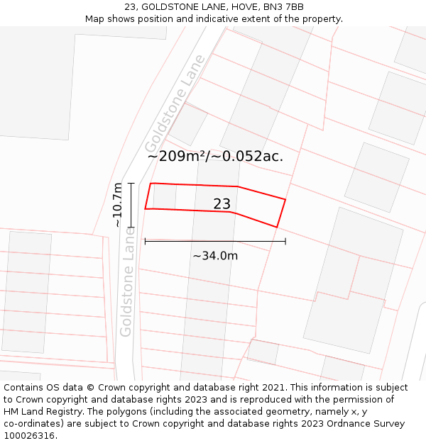 23, GOLDSTONE LANE, HOVE, BN3 7BB: Plot and title map