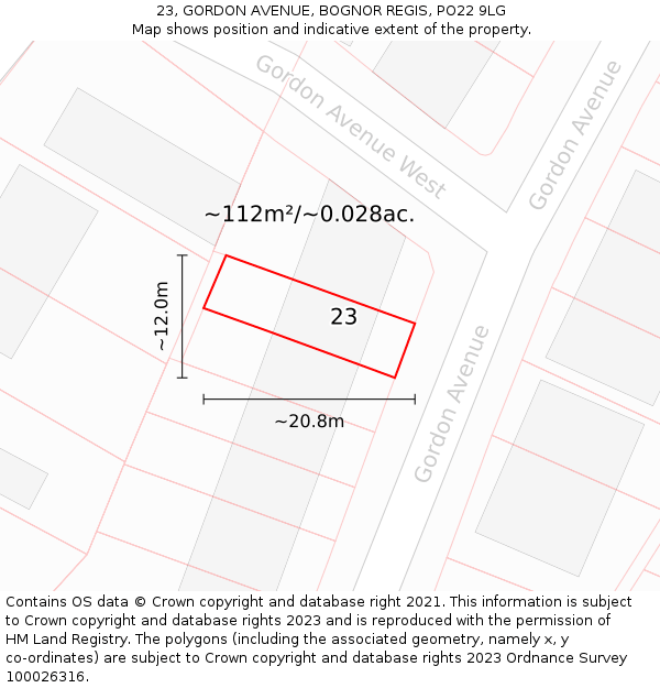 23, GORDON AVENUE, BOGNOR REGIS, PO22 9LG: Plot and title map