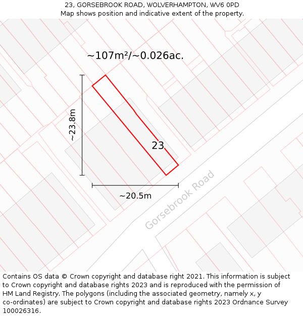 23, GORSEBROOK ROAD, WOLVERHAMPTON, WV6 0PD: Plot and title map