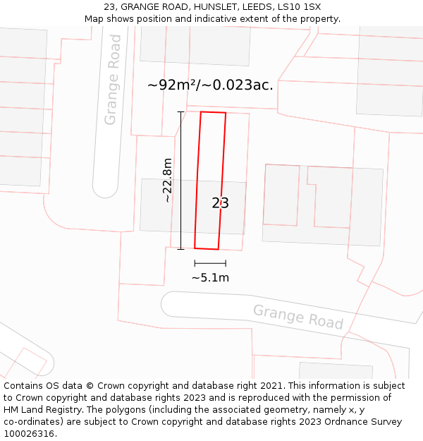 23, GRANGE ROAD, HUNSLET, LEEDS, LS10 1SX: Plot and title map