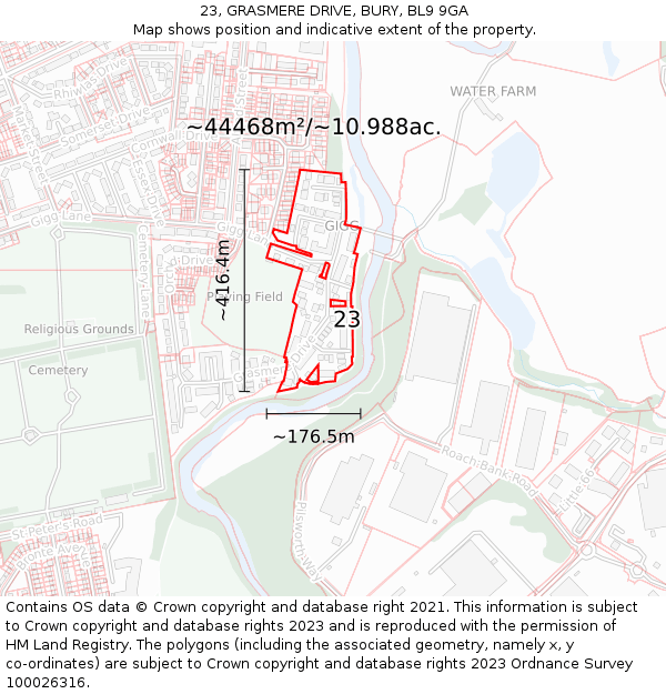 23, GRASMERE DRIVE, BURY, BL9 9GA: Plot and title map