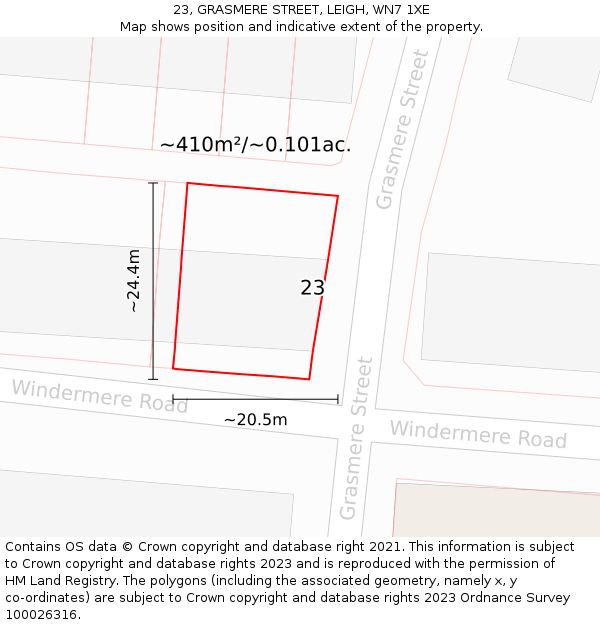 23, GRASMERE STREET, LEIGH, WN7 1XE: Plot and title map