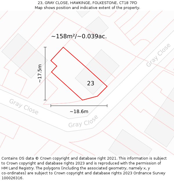 23, GRAY CLOSE, HAWKINGE, FOLKESTONE, CT18 7PD: Plot and title map