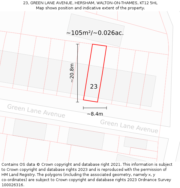 23, GREEN LANE AVENUE, HERSHAM, WALTON-ON-THAMES, KT12 5HL: Plot and title map