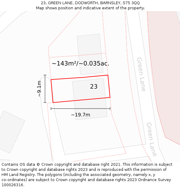 23, GREEN LANE, DODWORTH, BARNSLEY, S75 3QQ: Plot and title map