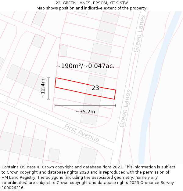 23, GREEN LANES, EPSOM, KT19 9TW: Plot and title map