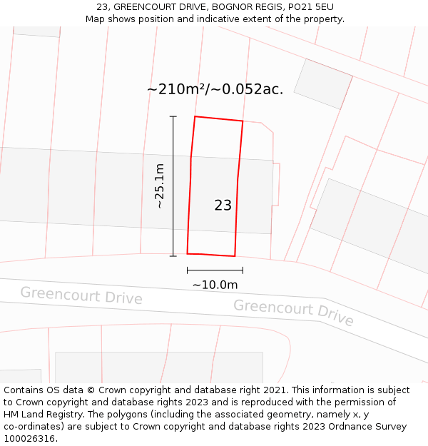 23, GREENCOURT DRIVE, BOGNOR REGIS, PO21 5EU: Plot and title map