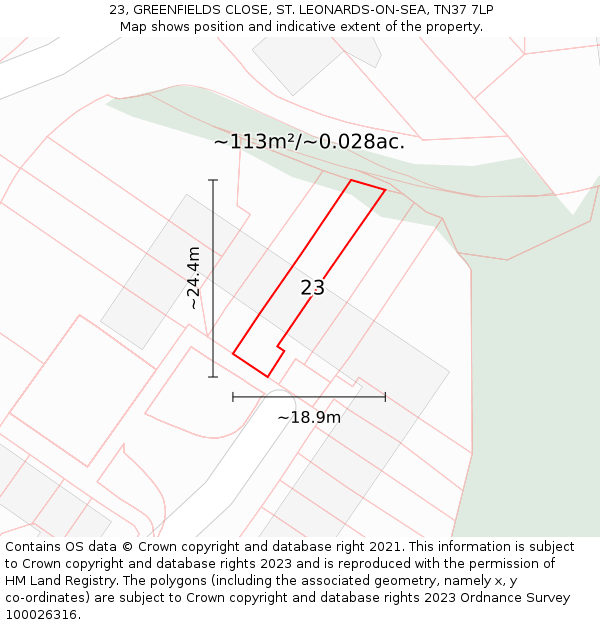 23, GREENFIELDS CLOSE, ST. LEONARDS-ON-SEA, TN37 7LP: Plot and title map