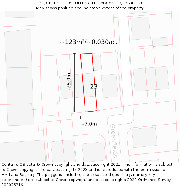 23, GREENFIELDS, ULLESKELF, TADCASTER, LS24 9FU: Plot and title map