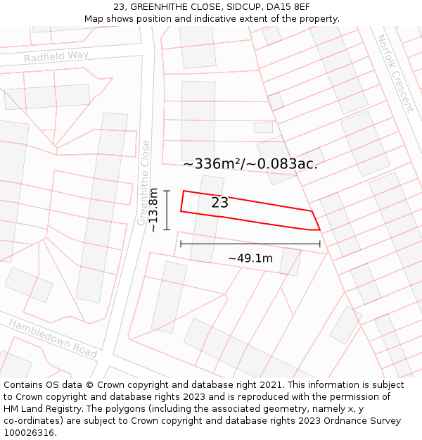23, GREENHITHE CLOSE, SIDCUP, DA15 8EF: Plot and title map