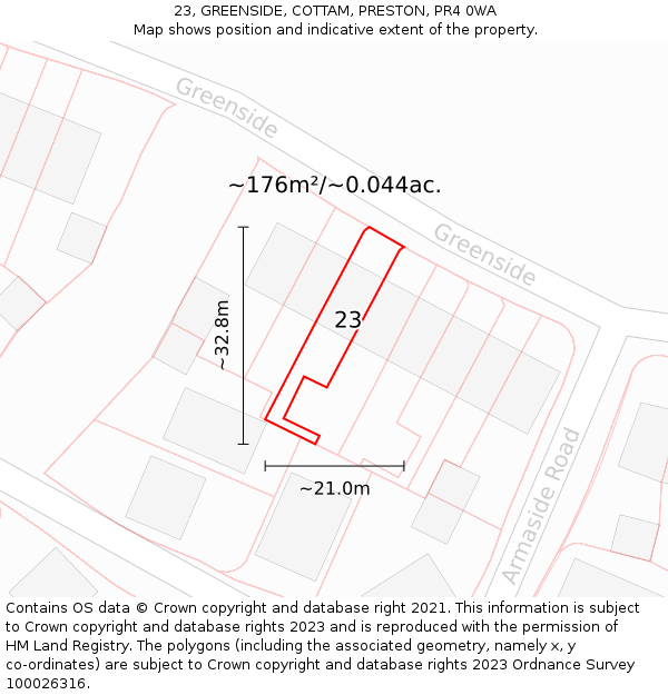 23, GREENSIDE, COTTAM, PRESTON, PR4 0WA: Plot and title map