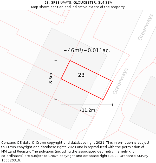 23, GREENWAYS, GLOUCESTER, GL4 3SA: Plot and title map