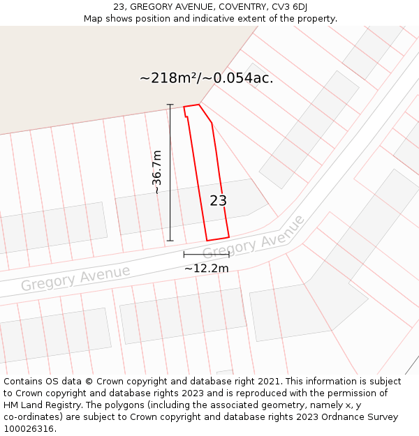 23, GREGORY AVENUE, COVENTRY, CV3 6DJ: Plot and title map