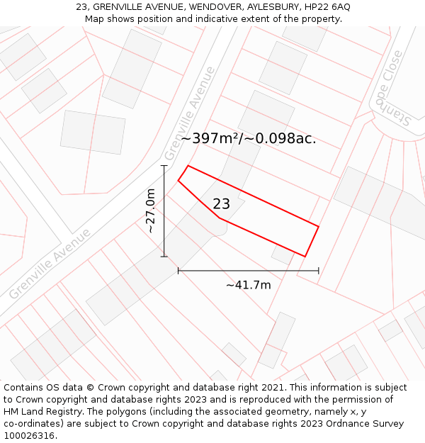 23, GRENVILLE AVENUE, WENDOVER, AYLESBURY, HP22 6AQ: Plot and title map