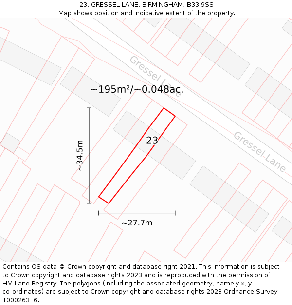 23, GRESSEL LANE, BIRMINGHAM, B33 9SS: Plot and title map