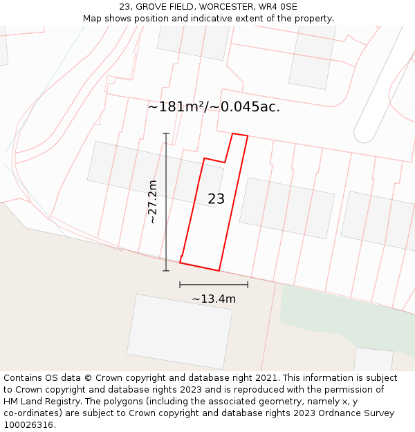 23, GROVE FIELD, WORCESTER, WR4 0SE: Plot and title map