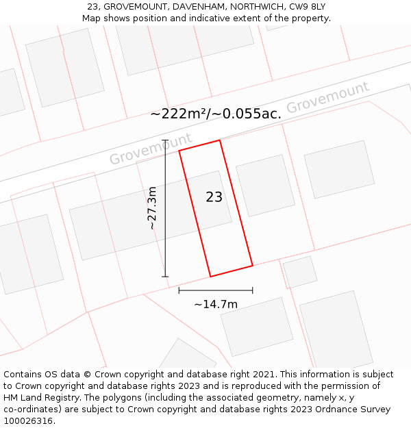 23, GROVEMOUNT, DAVENHAM, NORTHWICH, CW9 8LY: Plot and title map