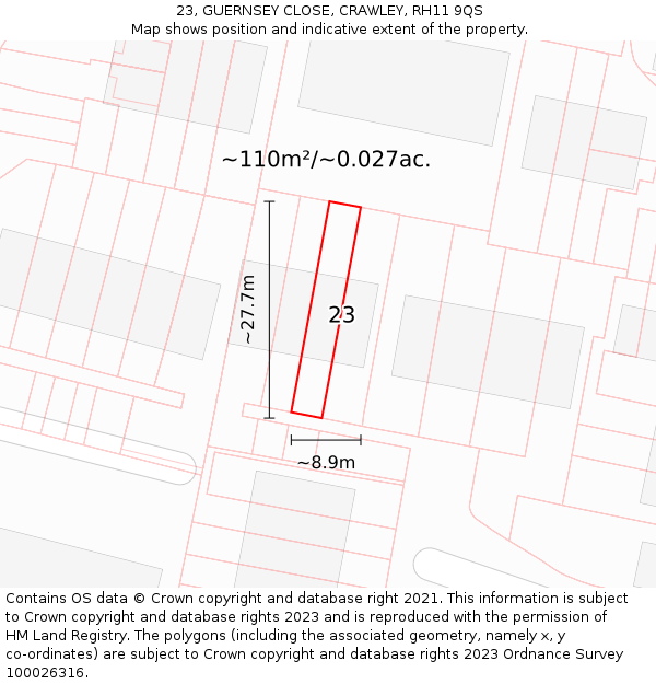 23, GUERNSEY CLOSE, CRAWLEY, RH11 9QS: Plot and title map