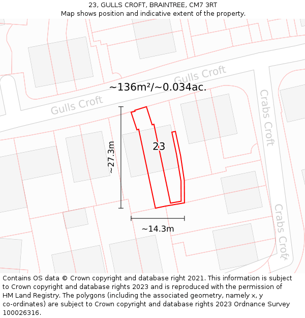 23, GULLS CROFT, BRAINTREE, CM7 3RT: Plot and title map