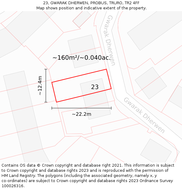 23, GWARAK DHERWEN, PROBUS, TRURO, TR2 4FF: Plot and title map