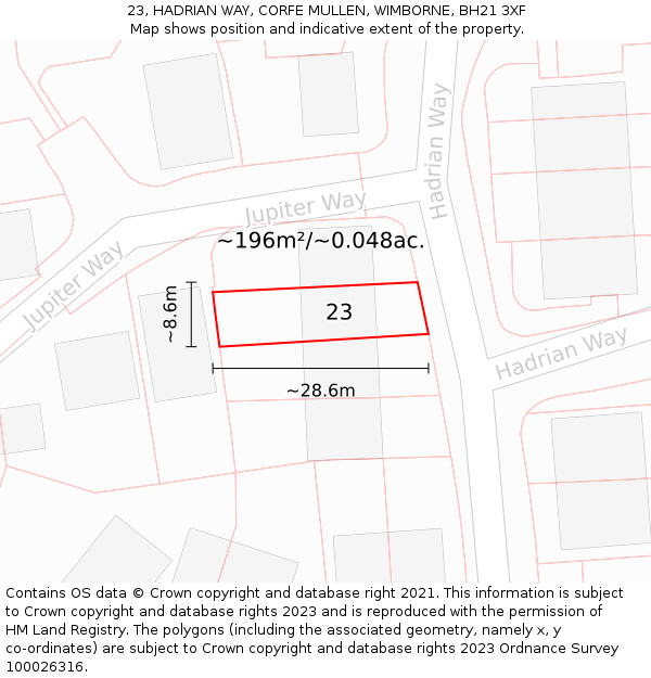 23, HADRIAN WAY, CORFE MULLEN, WIMBORNE, BH21 3XF: Plot and title map