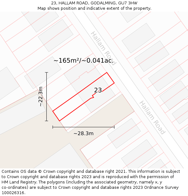 23, HALLAM ROAD, GODALMING, GU7 3HW: Plot and title map