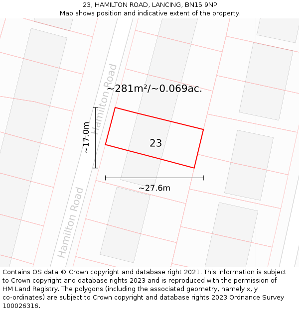23, HAMILTON ROAD, LANCING, BN15 9NP: Plot and title map