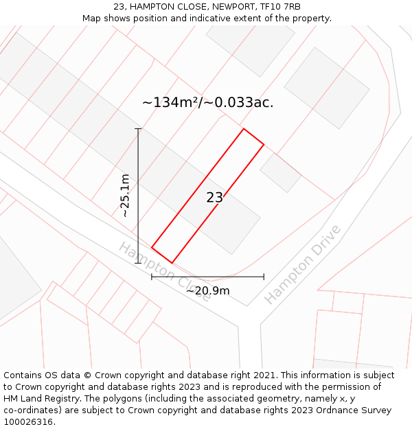 23, HAMPTON CLOSE, NEWPORT, TF10 7RB: Plot and title map