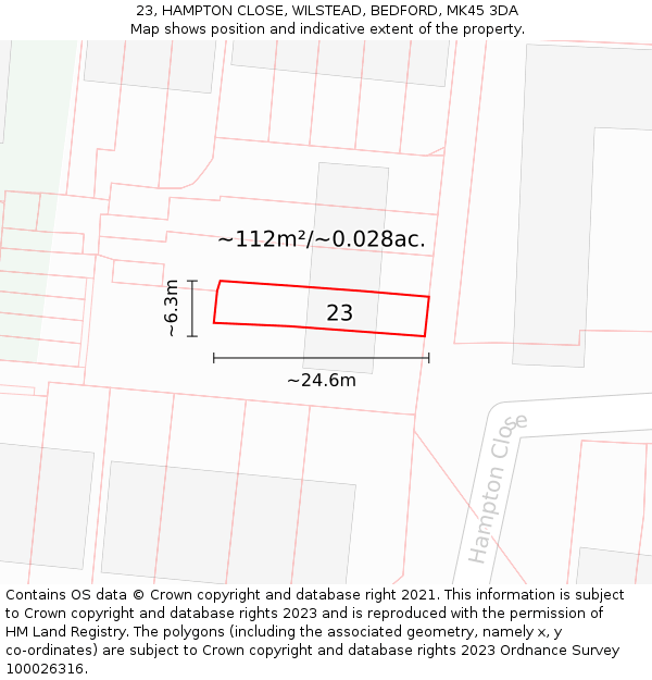 23, HAMPTON CLOSE, WILSTEAD, BEDFORD, MK45 3DA: Plot and title map