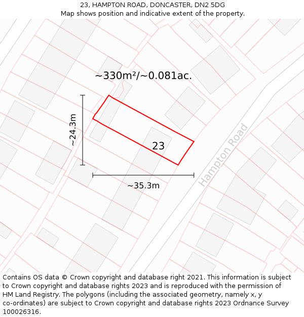 23, HAMPTON ROAD, DONCASTER, DN2 5DG: Plot and title map