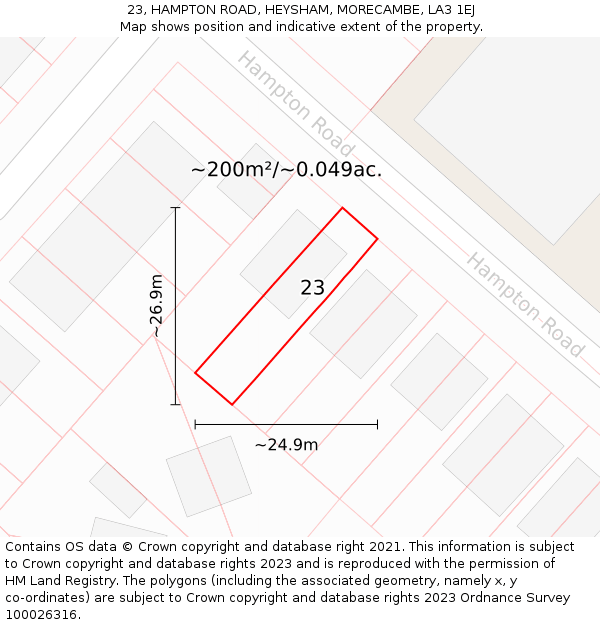 23, HAMPTON ROAD, HEYSHAM, MORECAMBE, LA3 1EJ: Plot and title map