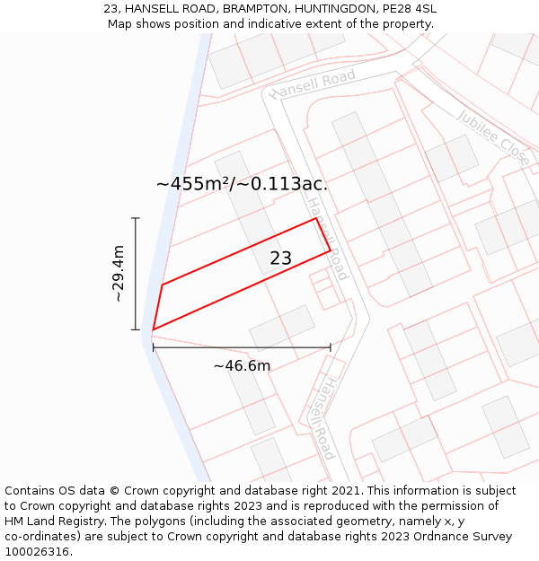 23, HANSELL ROAD, BRAMPTON, HUNTINGDON, PE28 4SL: Plot and title map