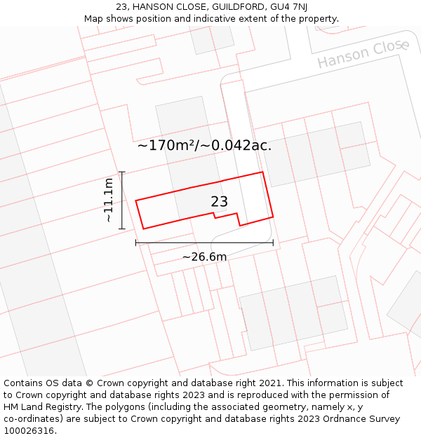 23, HANSON CLOSE, GUILDFORD, GU4 7NJ: Plot and title map