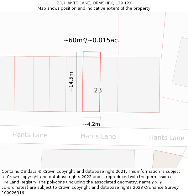 23, HANTS LANE, ORMSKIRK, L39 1PX: Plot and title map