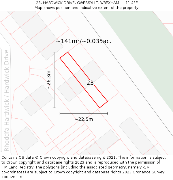 23, HARDWICK DRIVE, GWERSYLLT, WREXHAM, LL11 4FE: Plot and title map