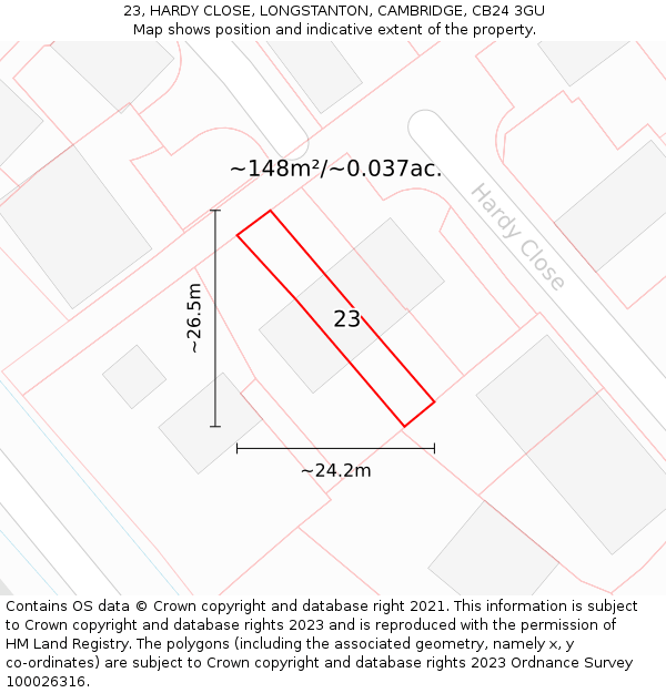 23, HARDY CLOSE, LONGSTANTON, CAMBRIDGE, CB24 3GU: Plot and title map