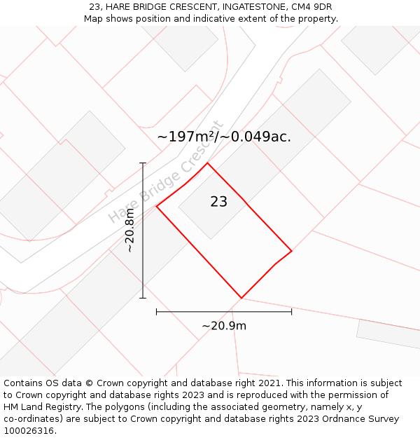 23, HARE BRIDGE CRESCENT, INGATESTONE, CM4 9DR: Plot and title map