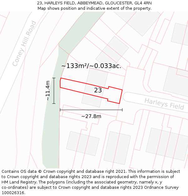 23, HARLEYS FIELD, ABBEYMEAD, GLOUCESTER, GL4 4RN: Plot and title map