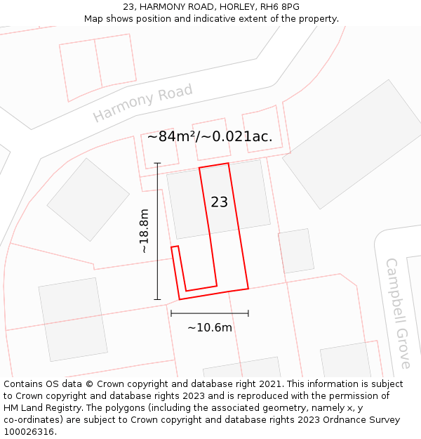 23, HARMONY ROAD, HORLEY, RH6 8PG: Plot and title map
