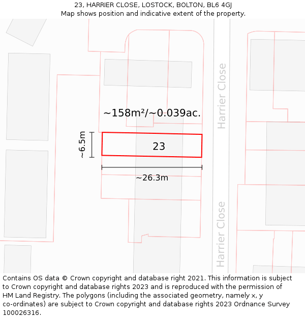 23, HARRIER CLOSE, LOSTOCK, BOLTON, BL6 4GJ: Plot and title map